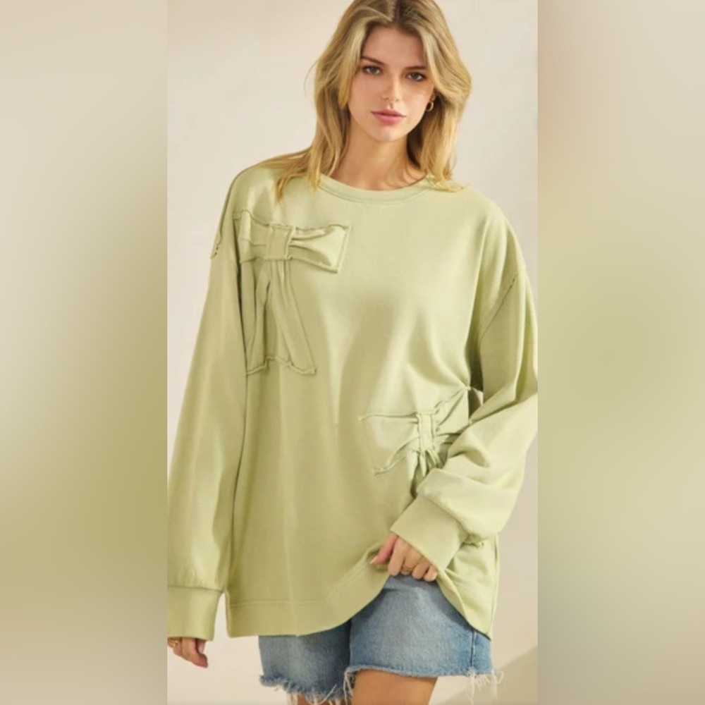 POL Sage Green Whimsy Distressed Bohemian Bow Detail Sweatshirt NWT - Picture 7 of 7